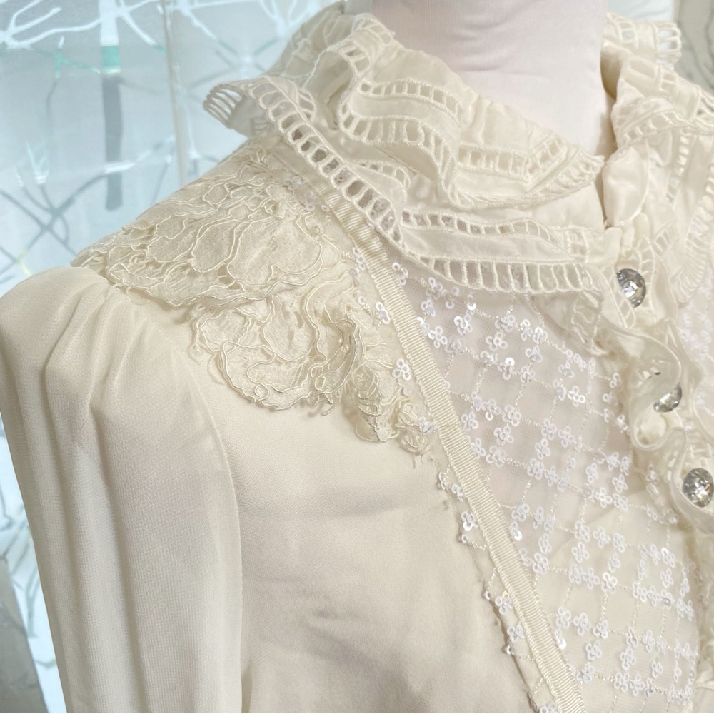 SELF-PORTRAIT WHITE SEQUIN RUFFLE FRILL COLLAR NECK BOW SHEER LONG SLEEVE TOP - Picture 9 of 16